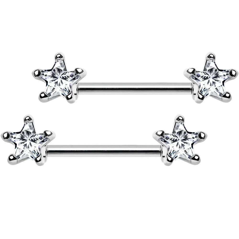 14 Gauge 9/16 Clear CZ Gem Star Barbell Nipple Ring Set