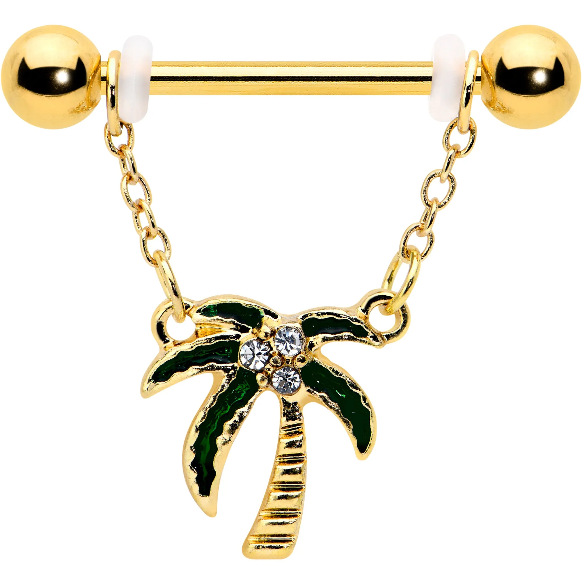 14 Gauge 9/16 Clear Gem Gold Hue Palm Tree Style Dangle Nipple Ring Set