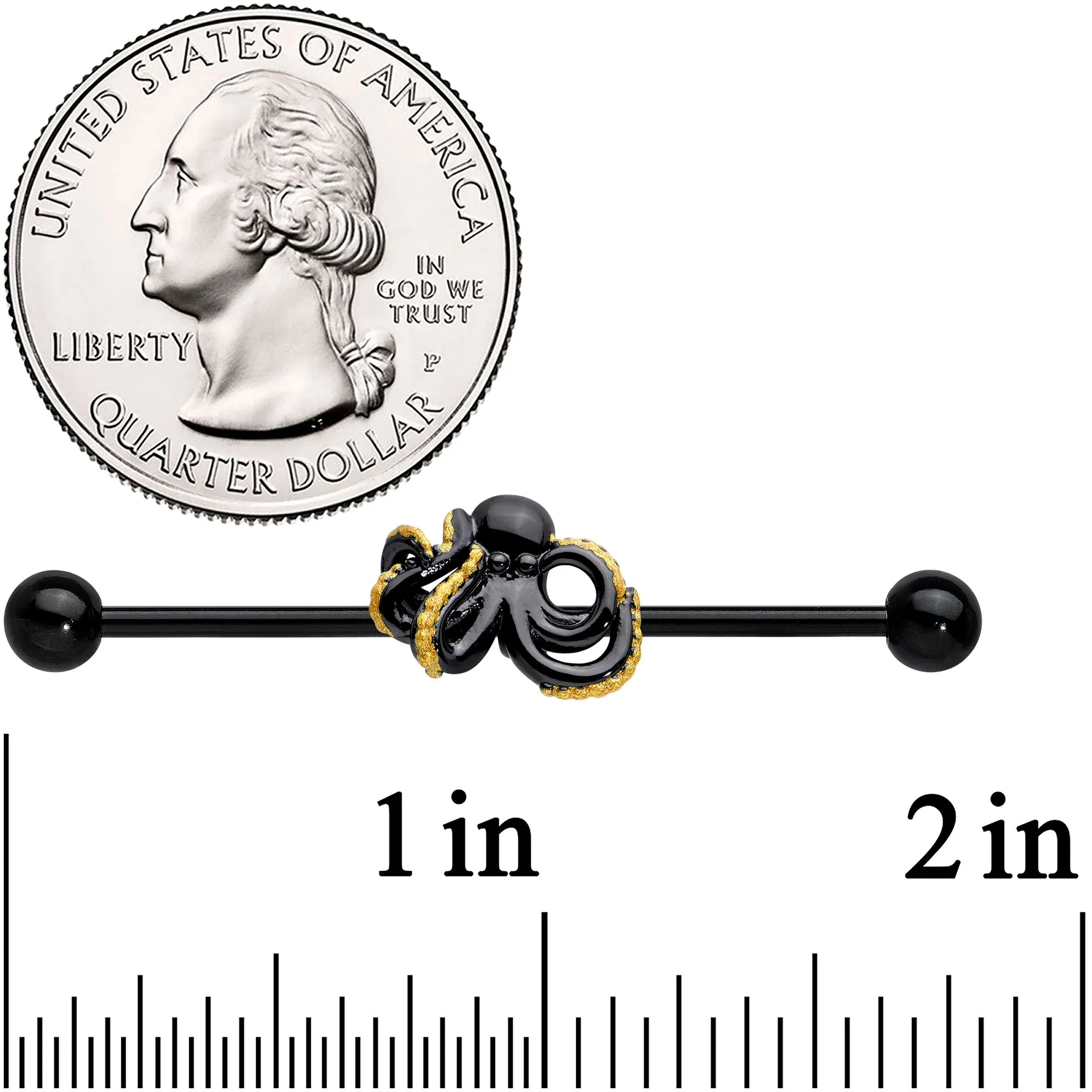 14 Gauge Black Understated Octopus Industrial Barbell 38mm