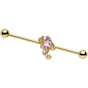 14 Gauge Pink CZ Gold Anodized Deco Swirl Industrial Barbell 38mm