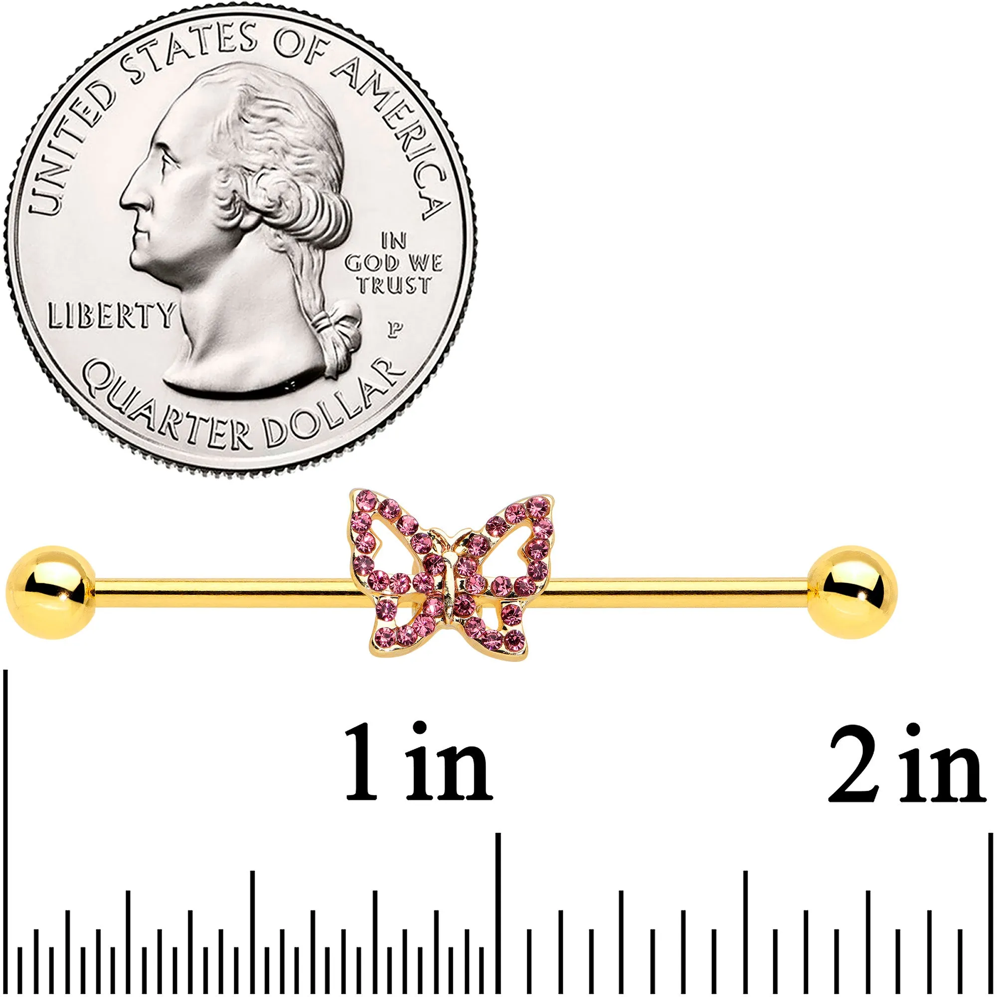 14 Gauge Pink Gem Gold Tone Simple Butterfly Industrial Barbell 38mm