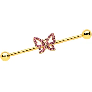 14 Gauge Pink Gem Gold Tone Simple Butterfly Industrial Barbell 38mm