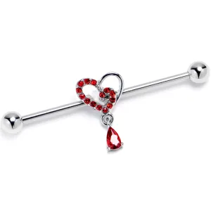 14 Gauge Red CZ Gem Asymmetrical Heart Dangle Industrial Barbell 38mm