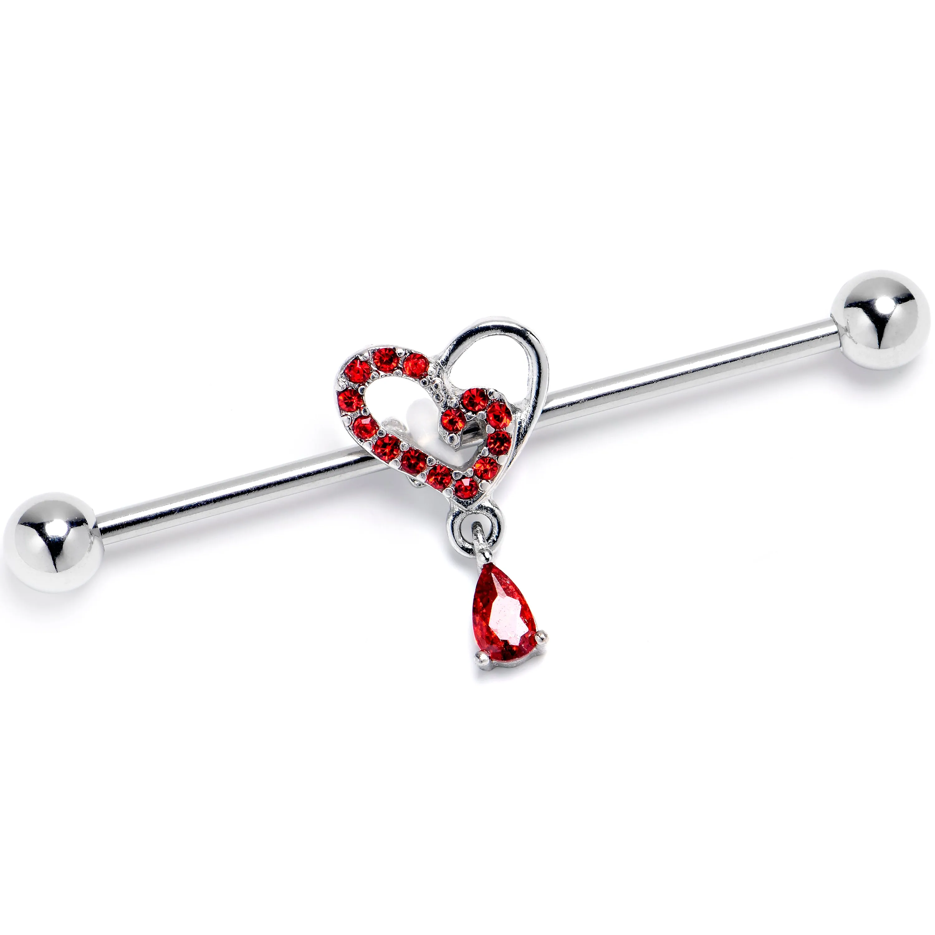 14 Gauge Red CZ Gem Asymmetrical Heart Dangle Industrial Barbell 38mm