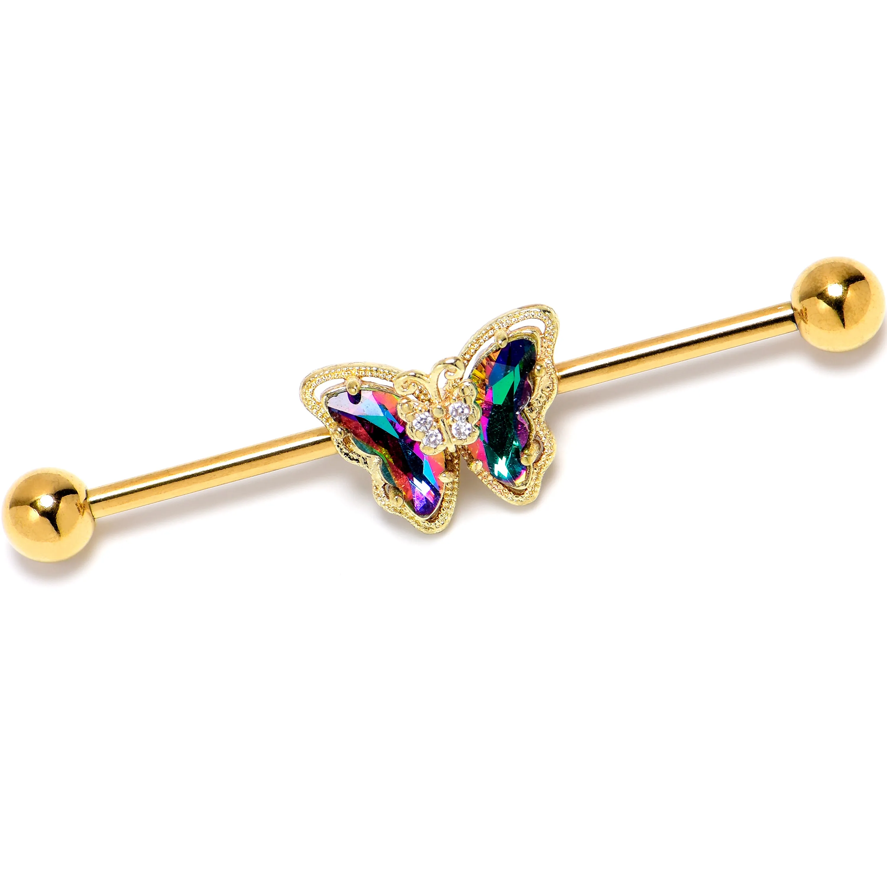 14 Gauge Vitrail Gem Gold Tone Classic Butterfly Industrial Barbell 38mm