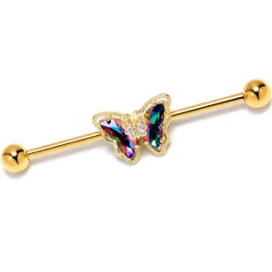 14 Gauge Vitrail Gem Gold Tone Classic Butterfly Industrial Barbell 38mm