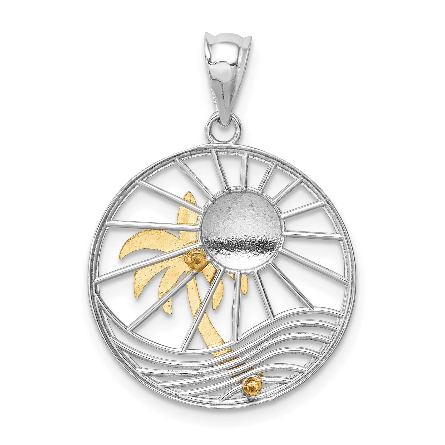 14K Two Tone Gold Solid Polished Finish Sunset with Palm Tree In Circle Design Charm Pendant