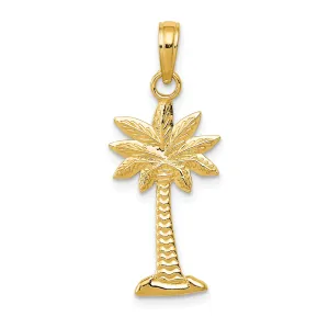 14K Yellow Gold Polished Textured Finish Open Back 2-Dimensional Palmetto Palm Tree Charm Pendant