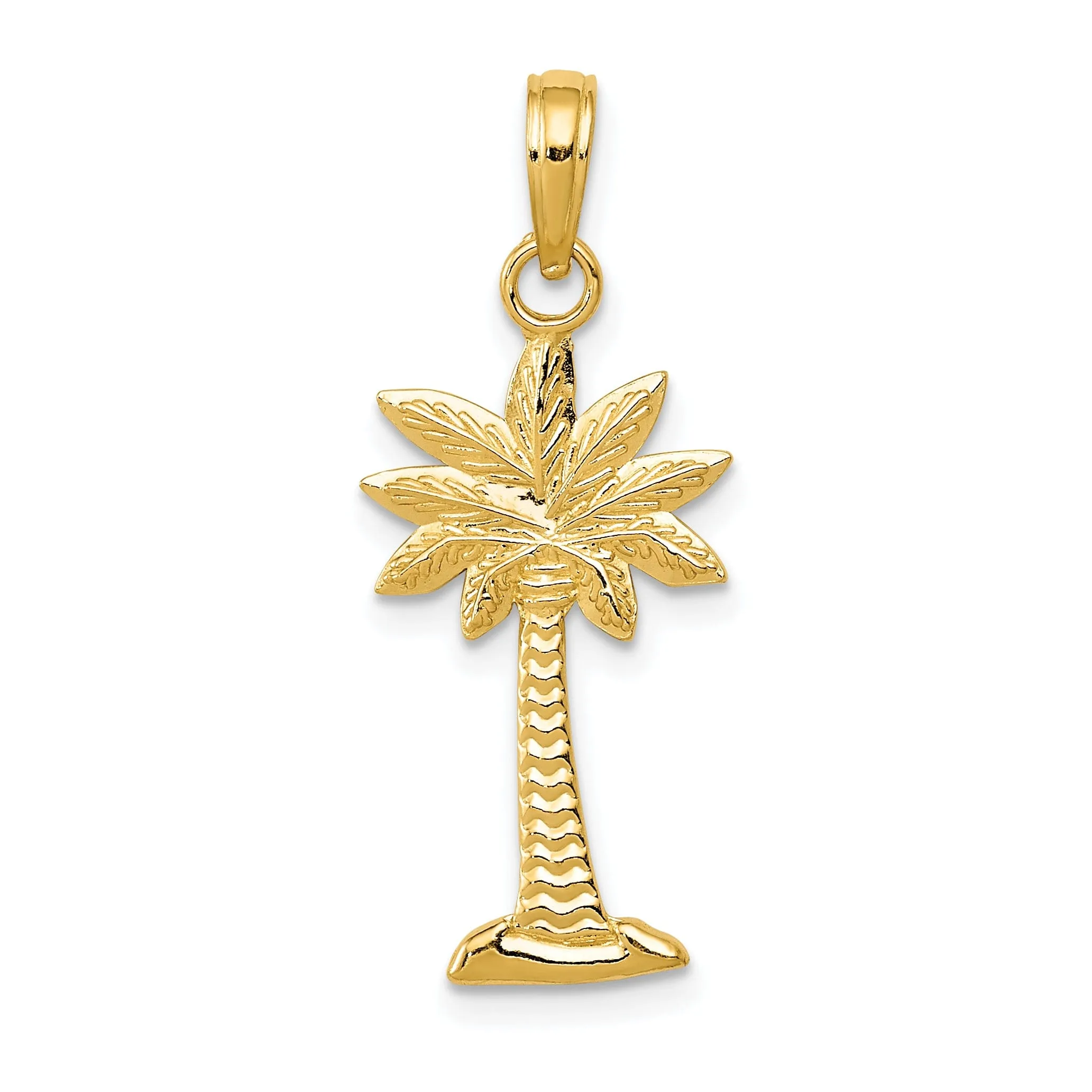 14K Yellow Gold Polished Textured Finish Open Back 2-Dimensional Palmetto Palm Tree Charm Pendant