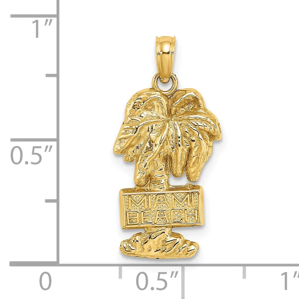 14K Yellow Gold Textured Polished Finish MIAMI BEACH with Banner on Palm Tree Charm Pendant
