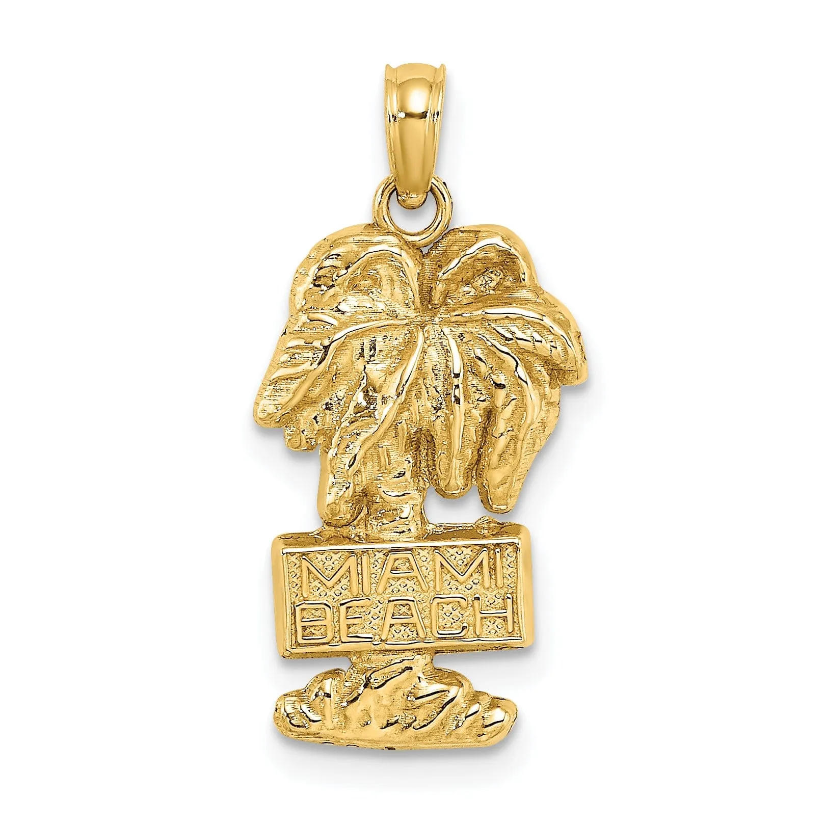 14K Yellow Gold Textured Polished Finish MIAMI BEACH with Banner on Palm Tree Charm Pendant