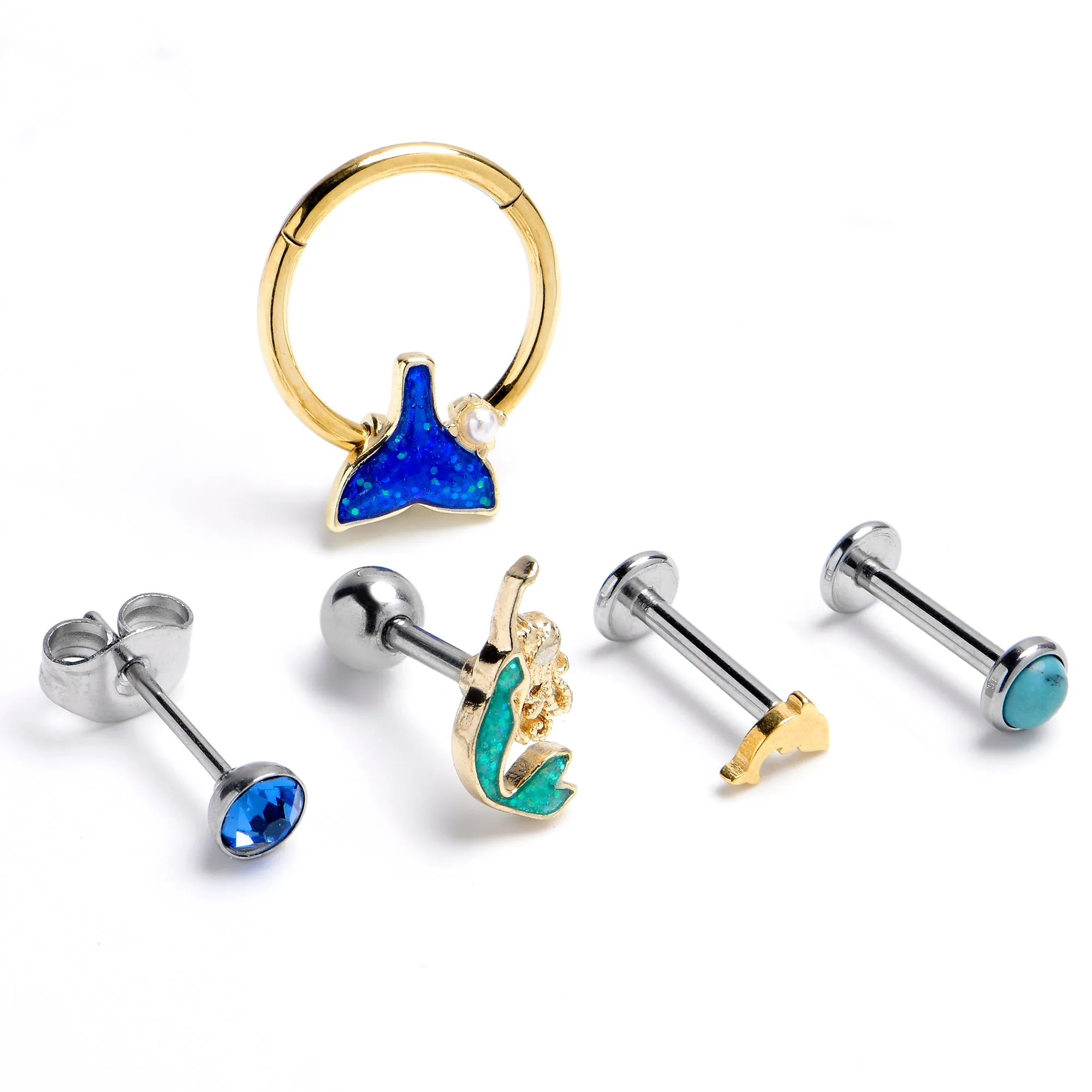 16 Gauge 3/8 5/16 Blue Gem Nautical Labret BCR Cartilage Curation Set of 5
