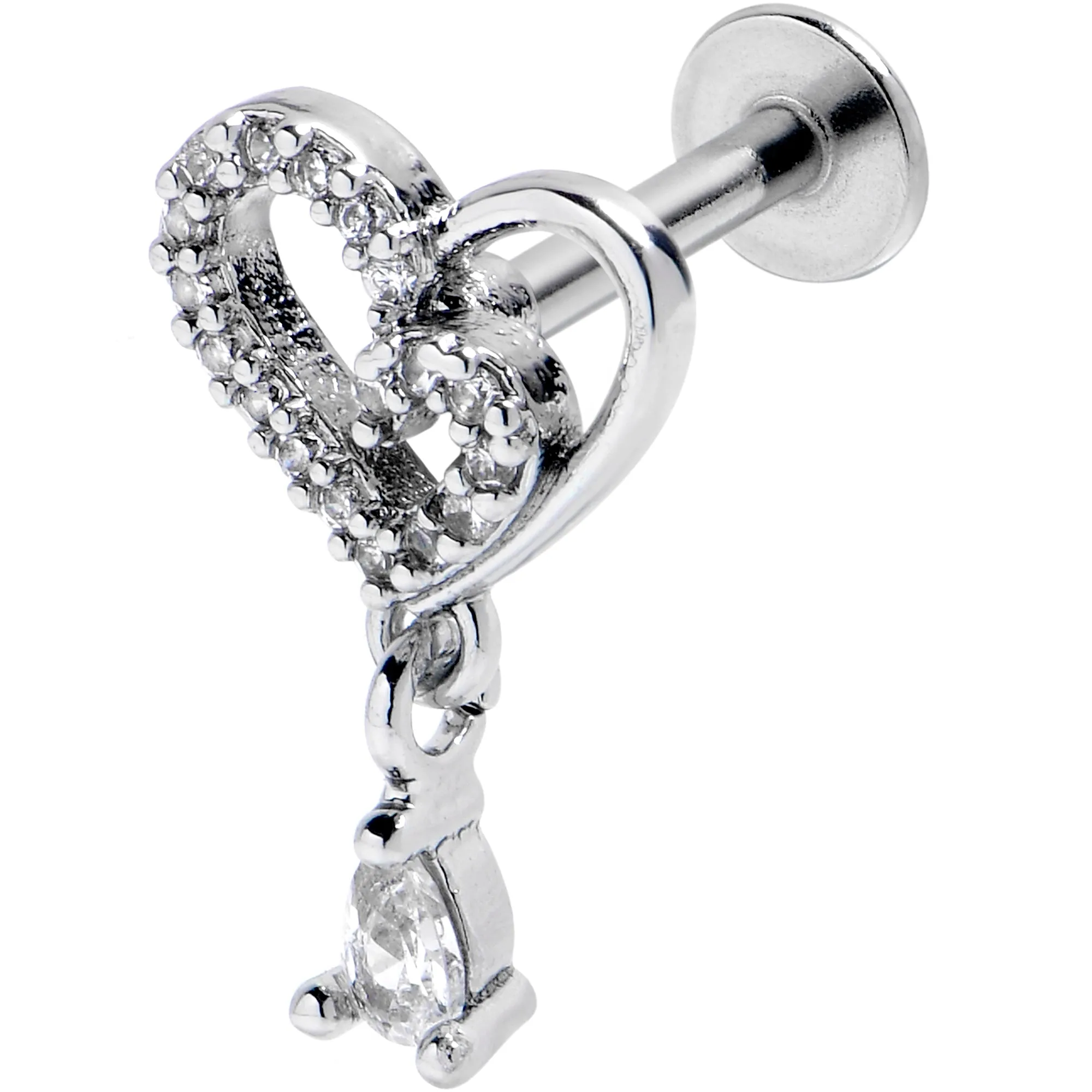 16 Gauge 5/16 Clear CZ Gem Asymmetrical Heart Dangle Labret Tragus