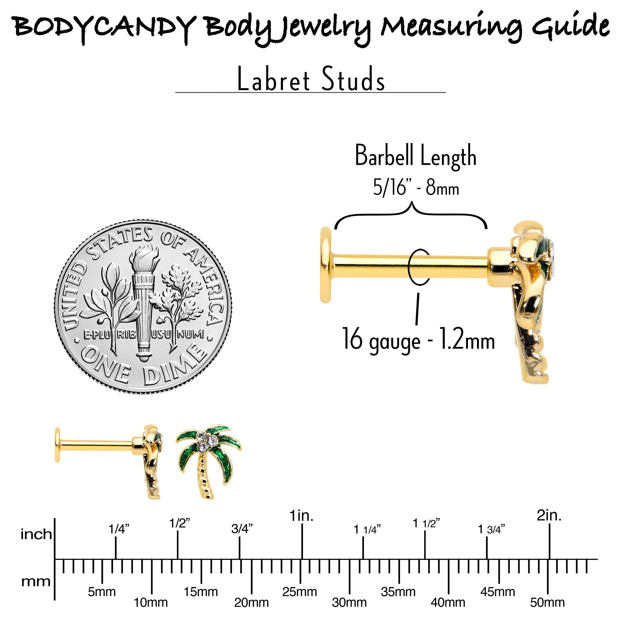 16 Gauge 5/16 Clear Gem Gold Tone Palm Tree Style Labret Monroe Tragus