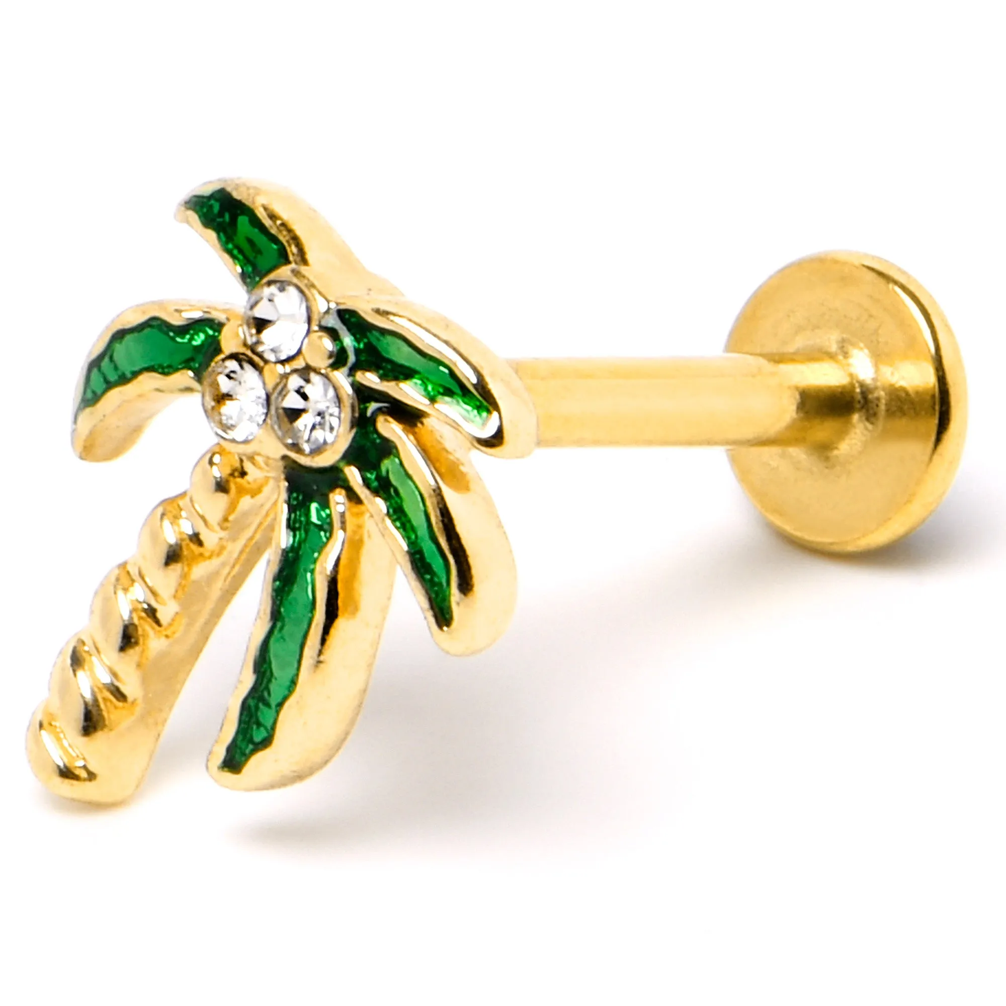 16 Gauge 5/16 Clear Gem Gold Tone Palm Tree Style Labret Monroe Tragus