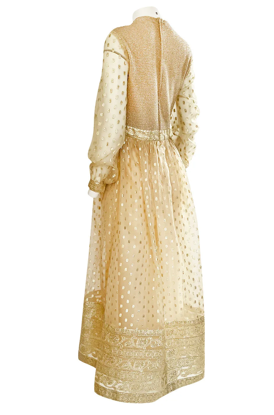 1960s Mannequin Pale Gold Metallic Lame & Organza Maxi Dress