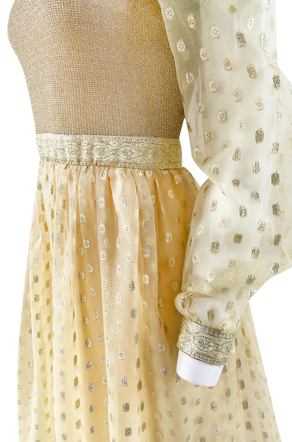 1960s Mannequin Pale Gold Metallic Lame & Organza Maxi Dress
