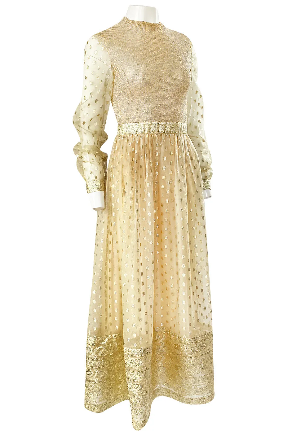 1960s Mannequin Pale Gold Metallic Lame & Organza Maxi Dress