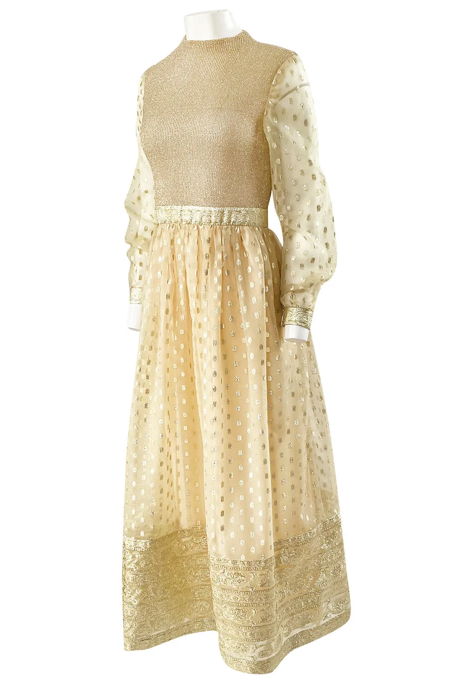 1960s Mannequin Pale Gold Metallic Lame & Organza Maxi Dress