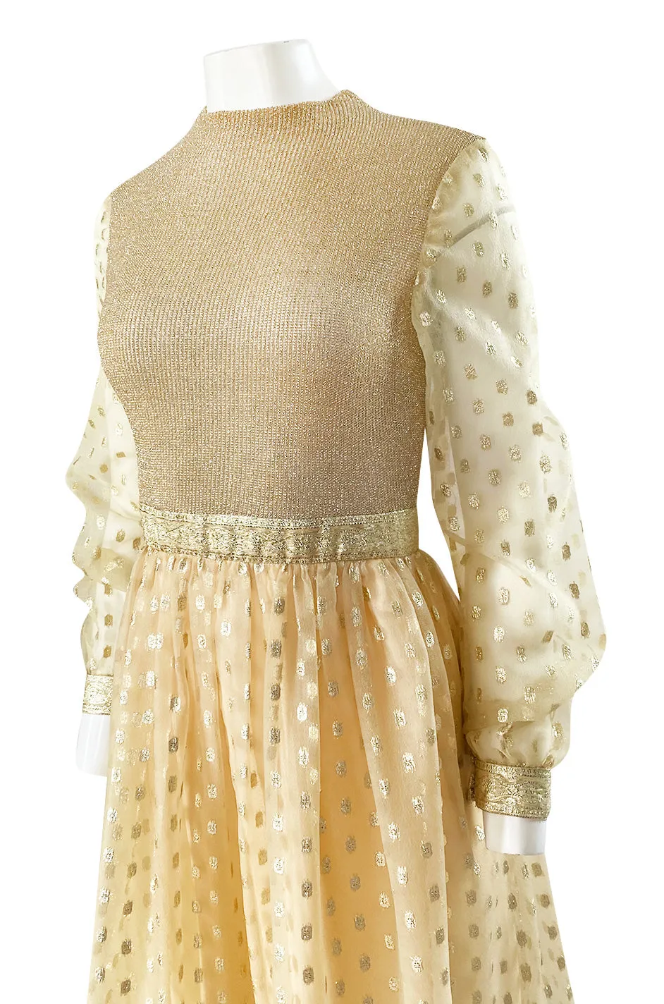 1960s Mannequin Pale Gold Metallic Lame & Organza Maxi Dress