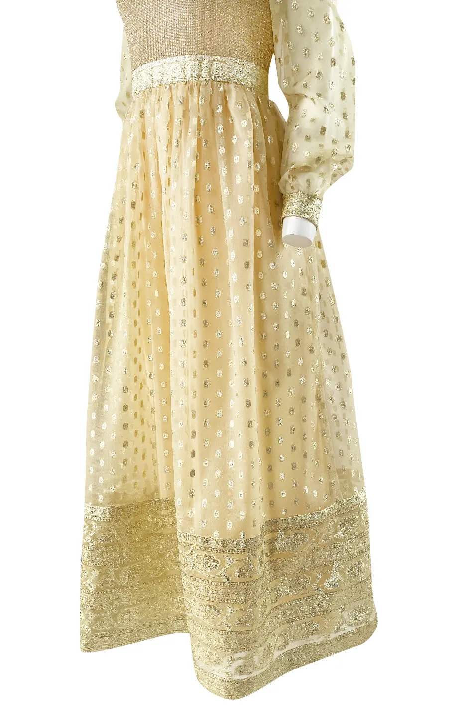 1960s Mannequin Pale Gold Metallic Lame & Organza Maxi Dress