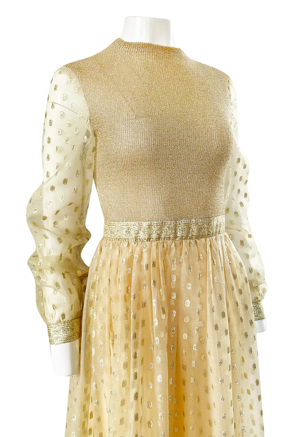1960s Mannequin Pale Gold Metallic Lame & Organza Maxi Dress