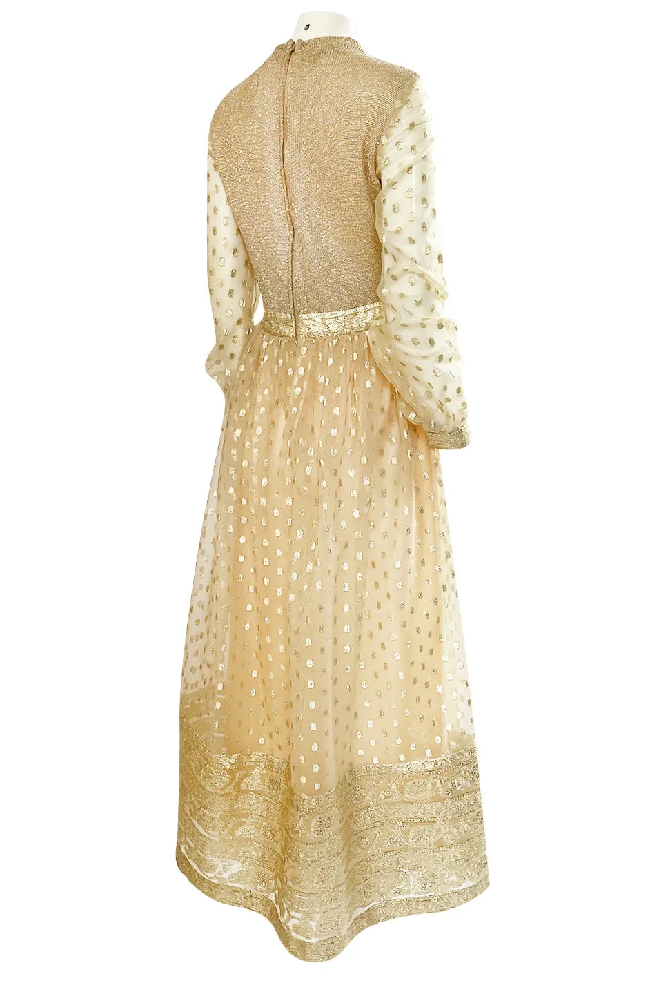 1960s Mannequin Pale Gold Metallic Lame & Organza Maxi Dress