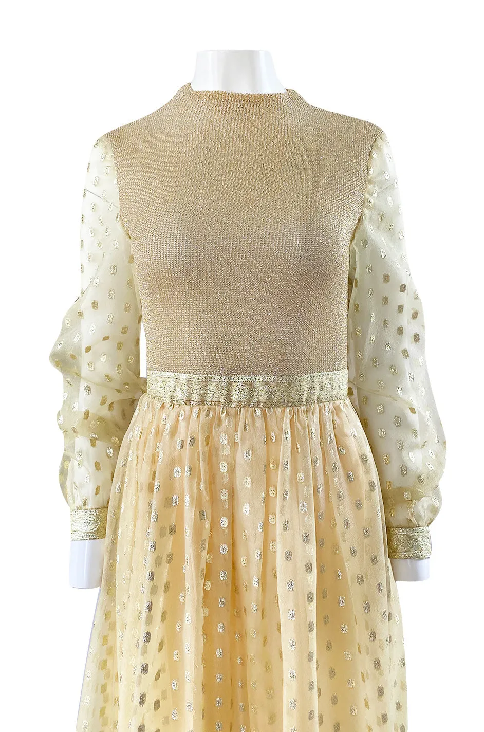 1960s Mannequin Pale Gold Metallic Lame & Organza Maxi Dress
