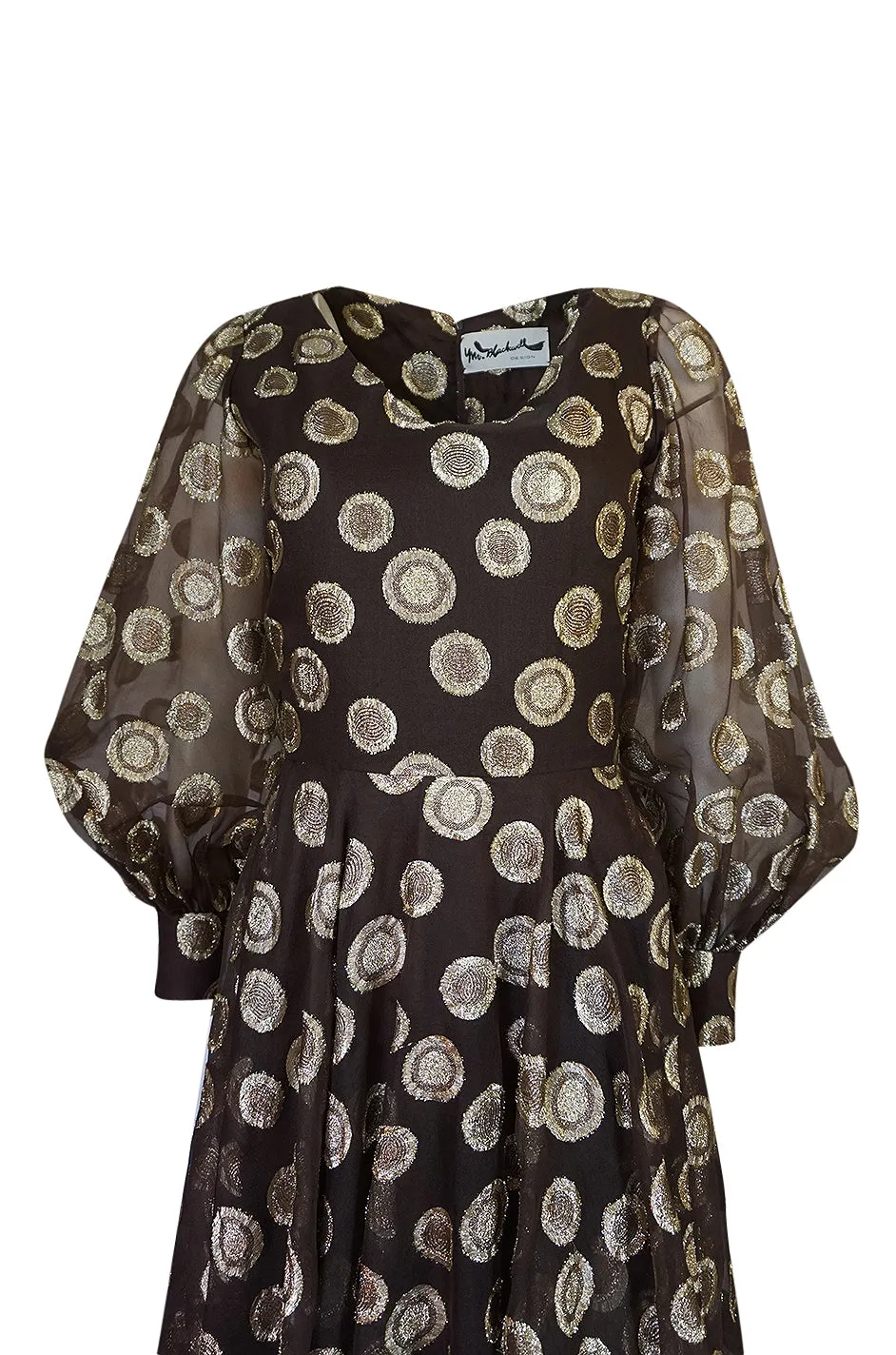 1960s Mr Blackwell Gold Metallic Lurex Dot Organza Dress