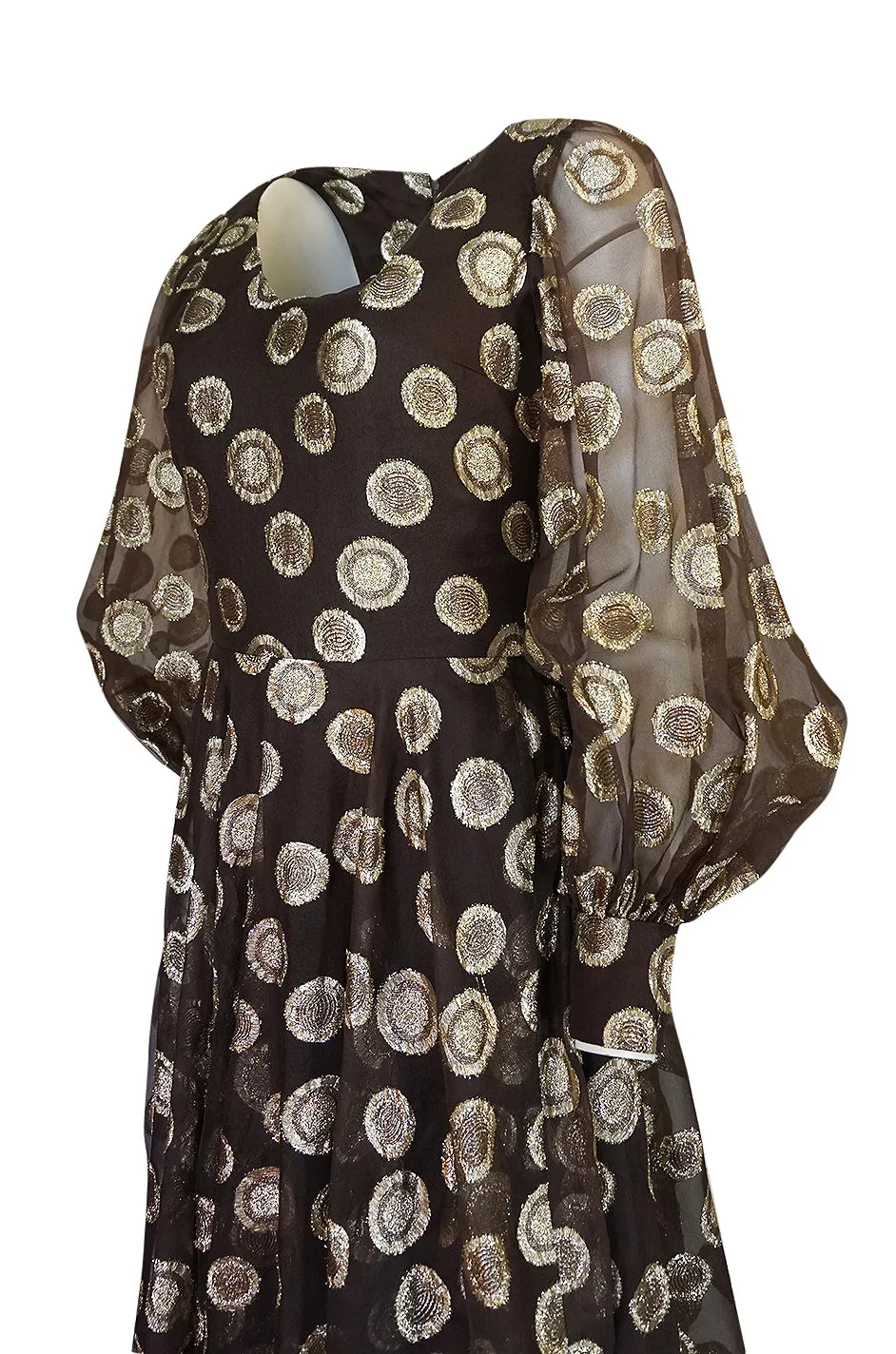 1960s Mr Blackwell Gold Metallic Lurex Dot Organza Dress