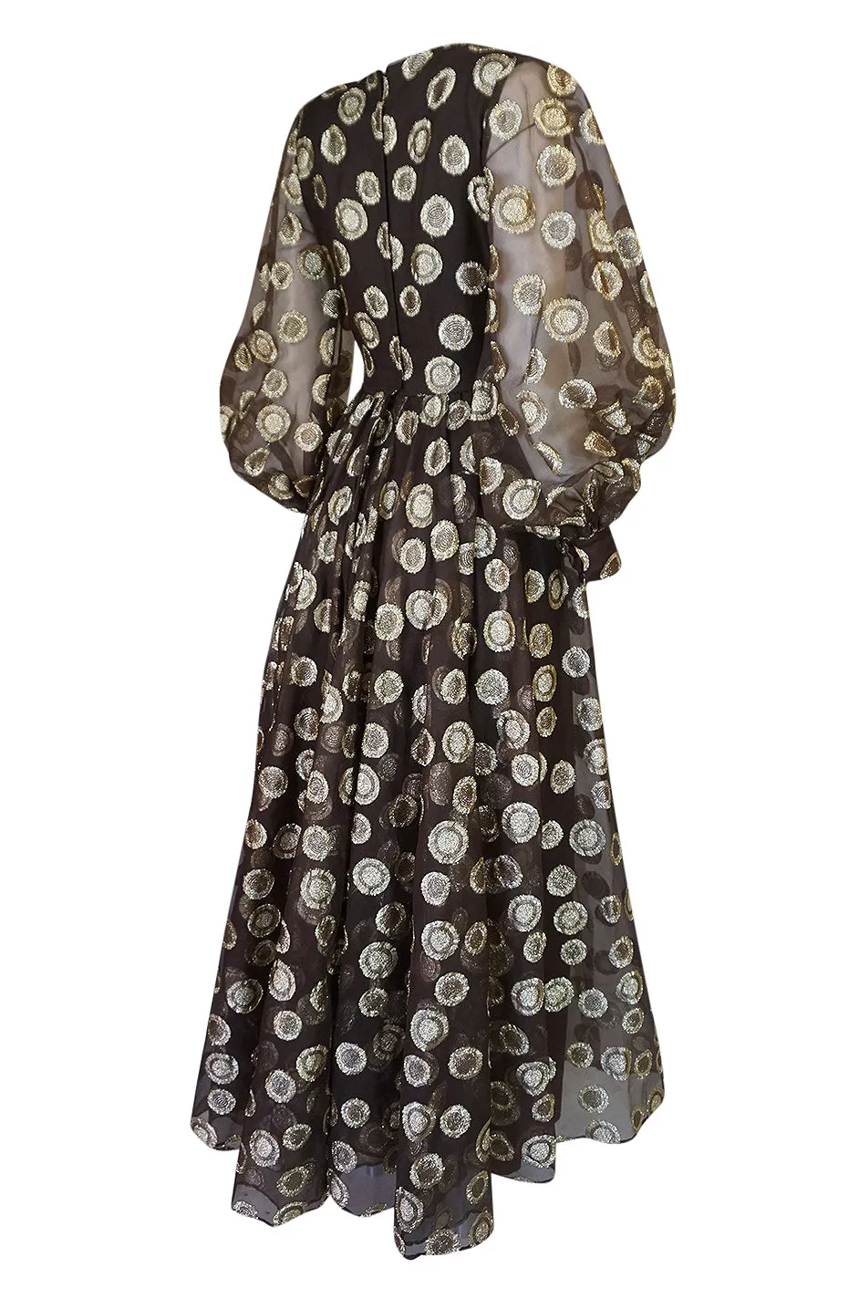 1960s Mr Blackwell Gold Metallic Lurex Dot Organza Dress