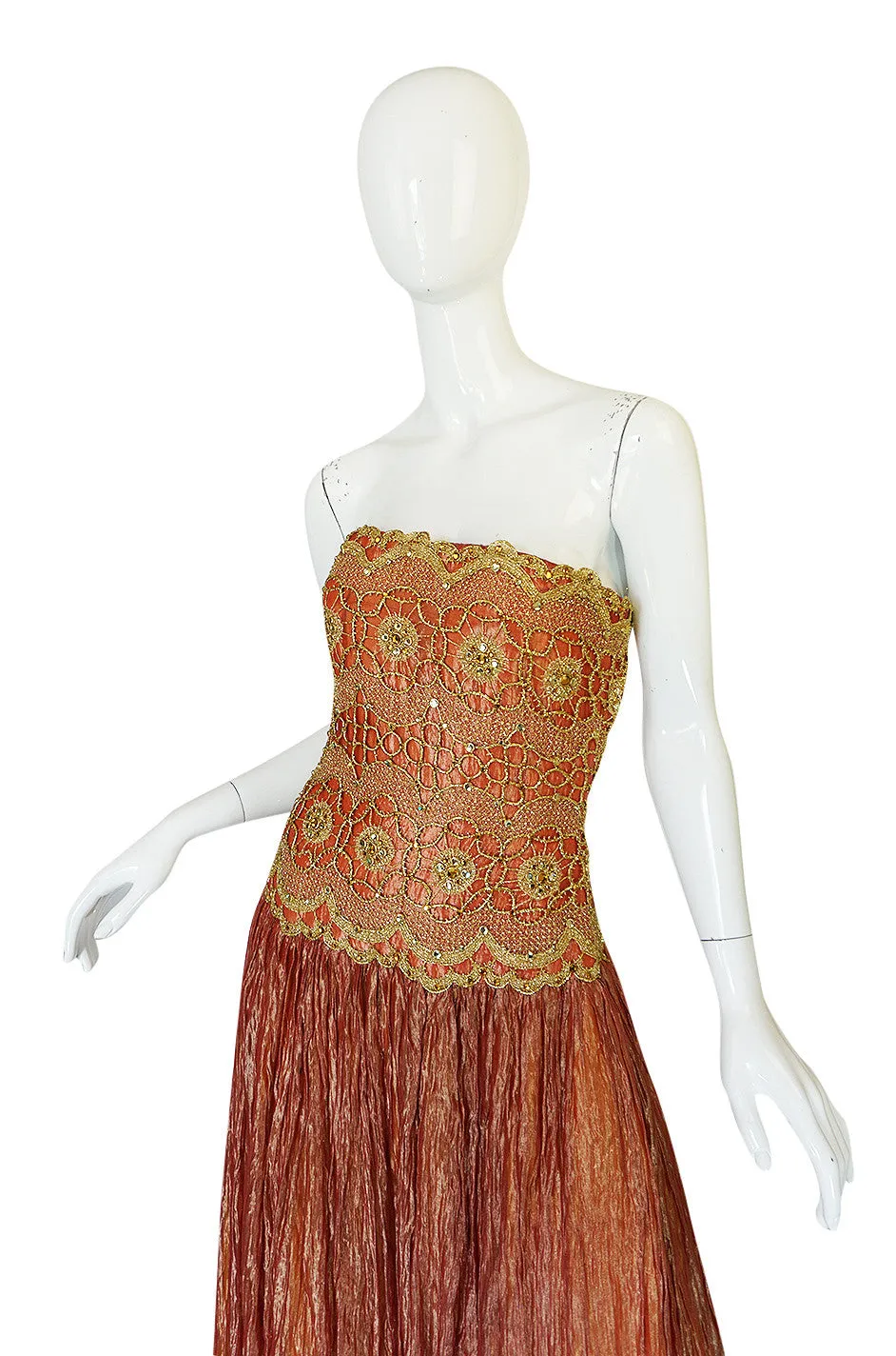 1980s Bob Mackie Strapless Gold Cord & Lame Silk Dress