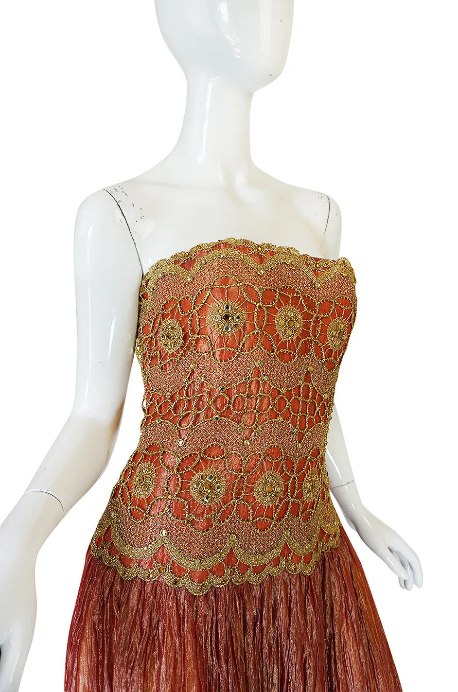 1980s Bob Mackie Strapless Gold Cord & Lame Silk Dress