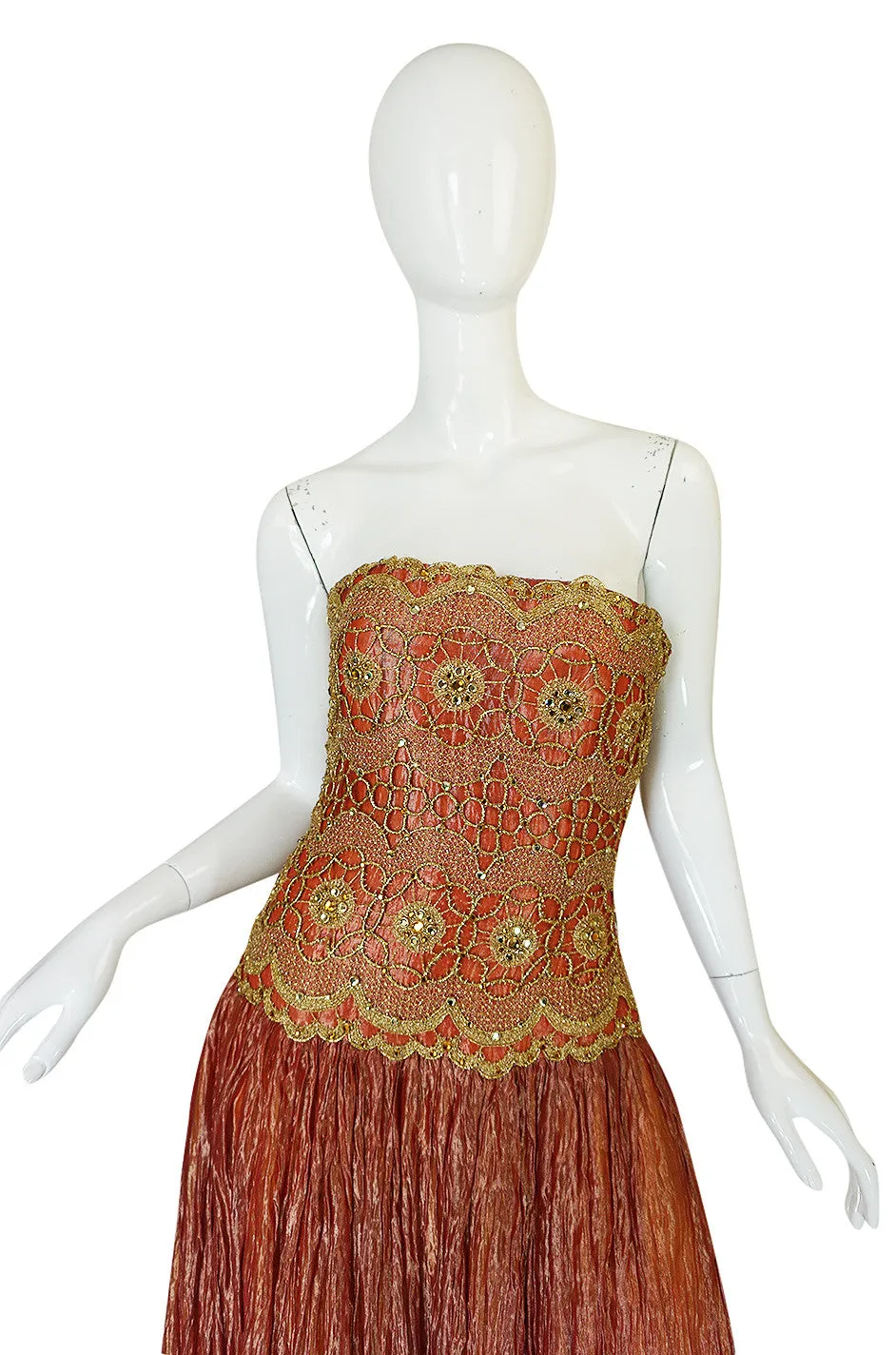 1980s Bob Mackie Strapless Gold Cord & Lame Silk Dress