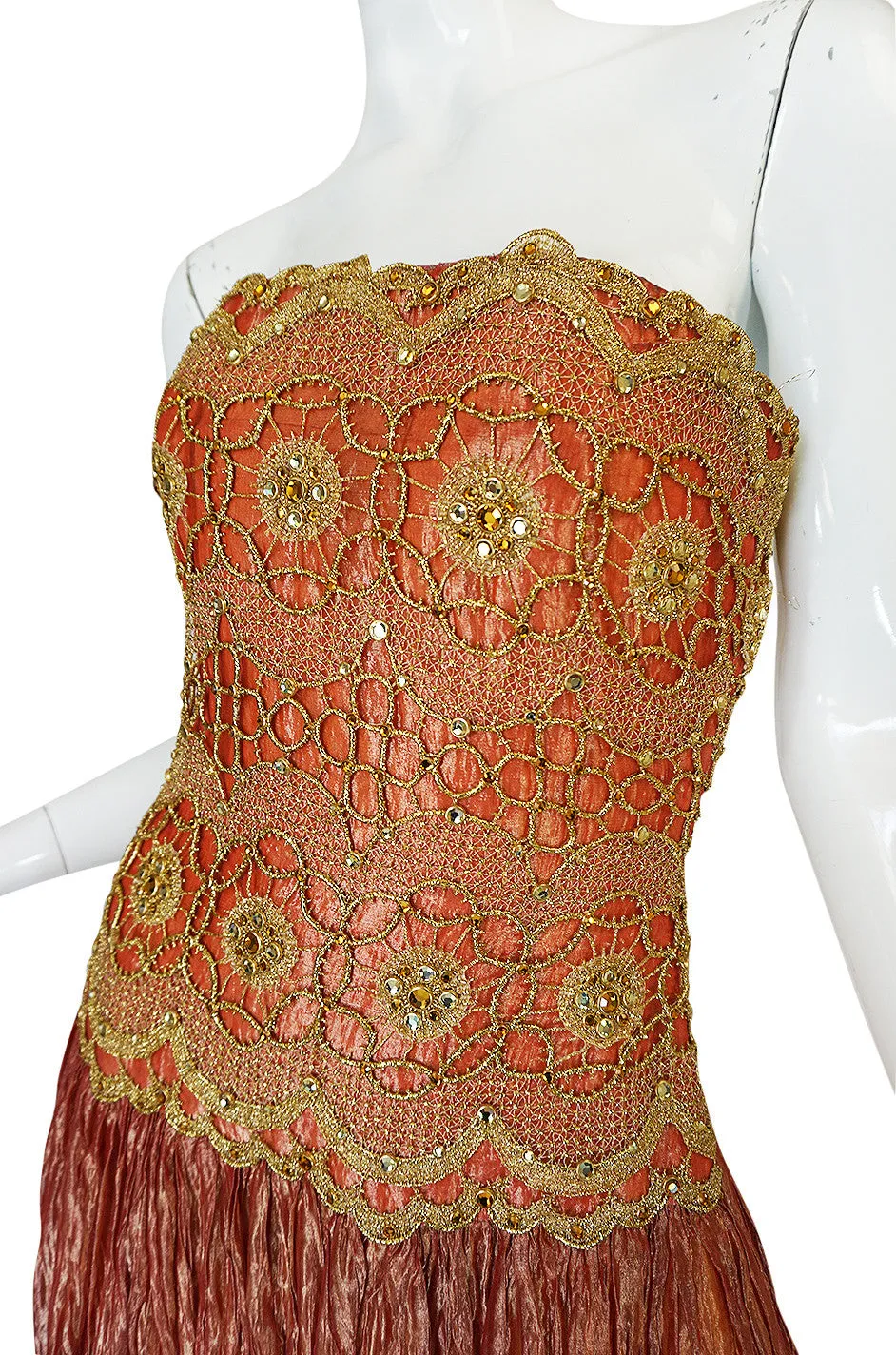 1980s Bob Mackie Strapless Gold Cord & Lame Silk Dress