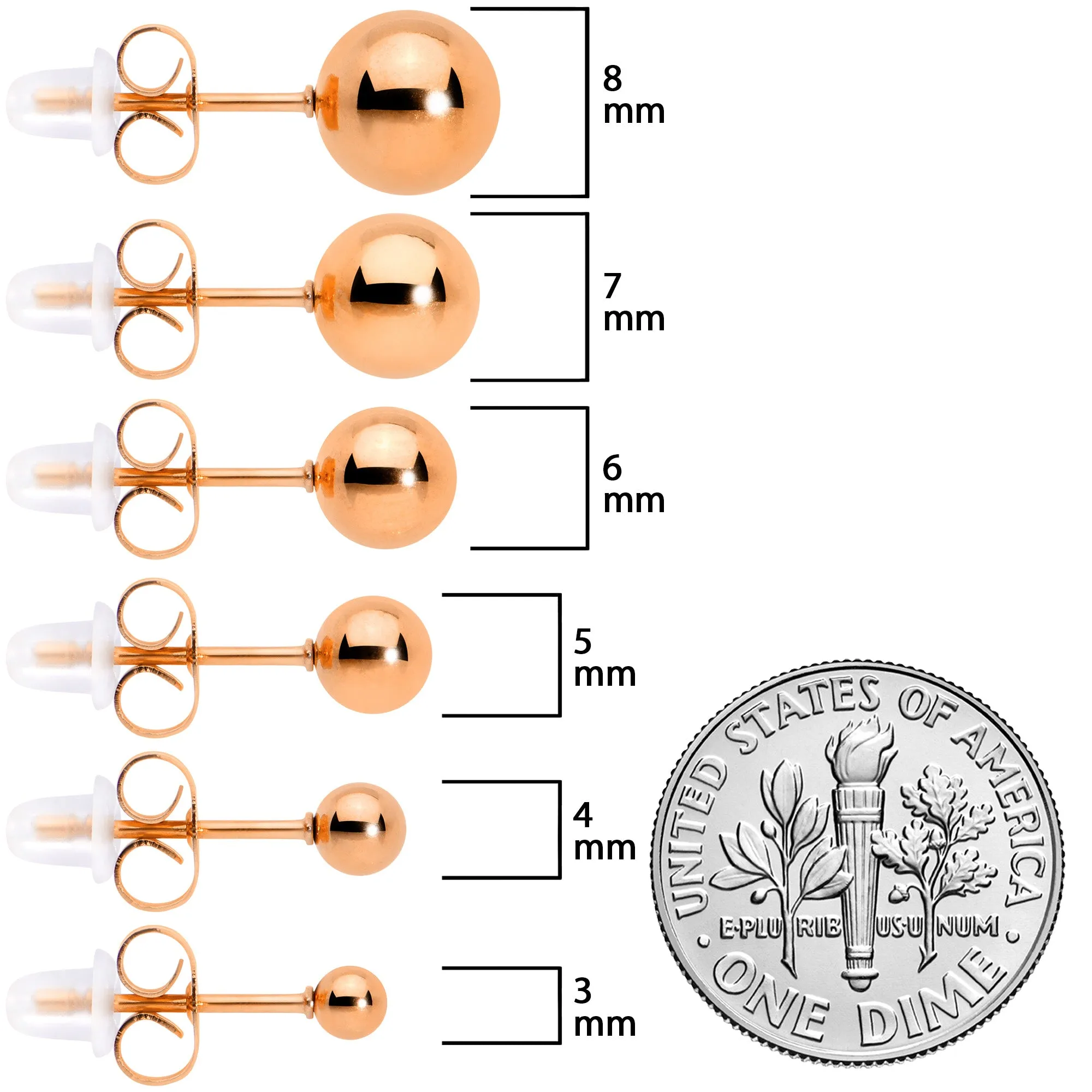 3mm-8mm Ball Stud Rose Gold Tone 316L Stainless Steel Earrings 6 Pack