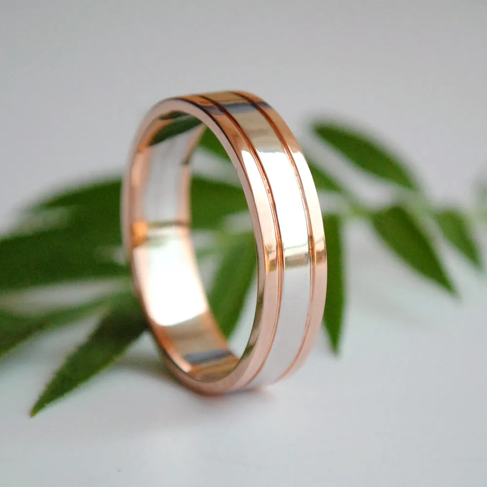 5mm 14K Solid Gold 2 Tone Wedding Band for Him, Simple Unisex Gold Band