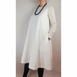 Alpha 60 pre-owned white dress with striped long sleeves and pockets size XS (best fits 6-8)