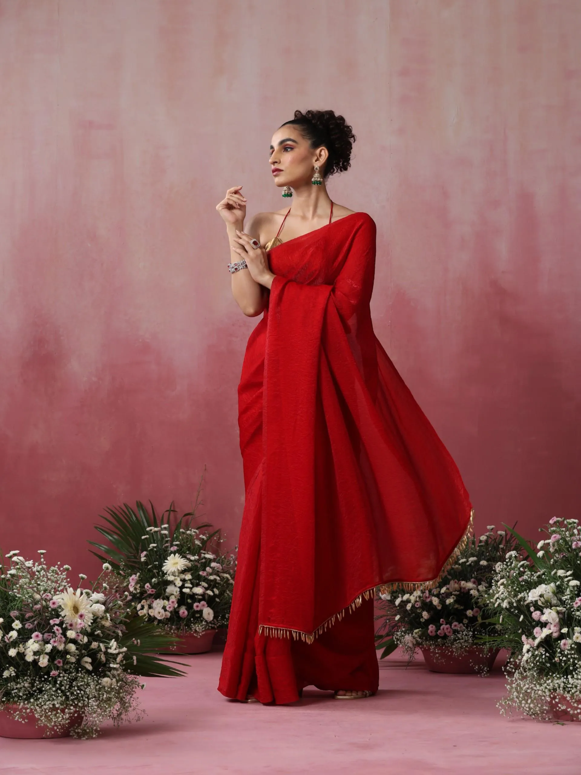 Alta Red Crushed Metallic Saree with crushed Gold Blouse Fabric