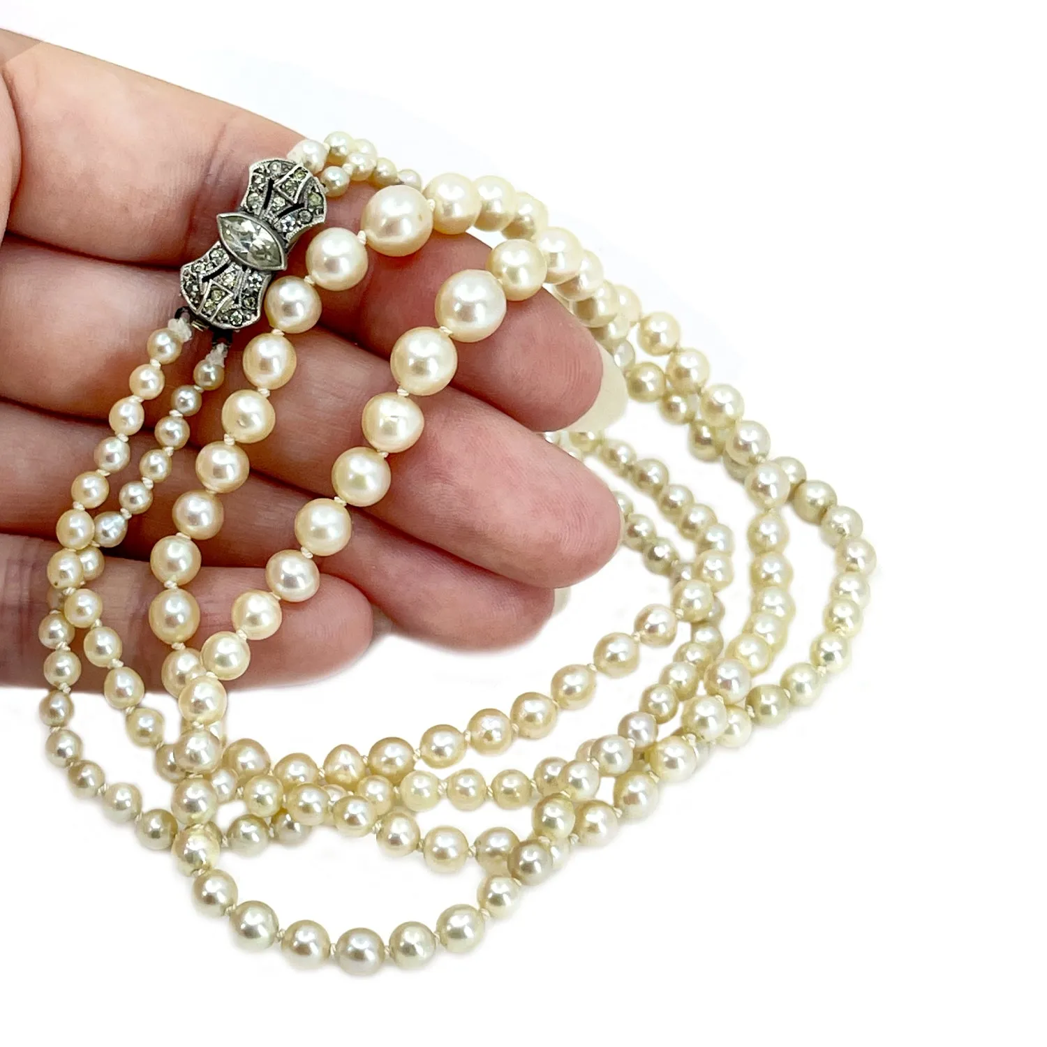 Art Deco Double Strand Japanese Cultured Akoya Pearl Paste Necklace -Sterling Silver 18 & 19 Inch