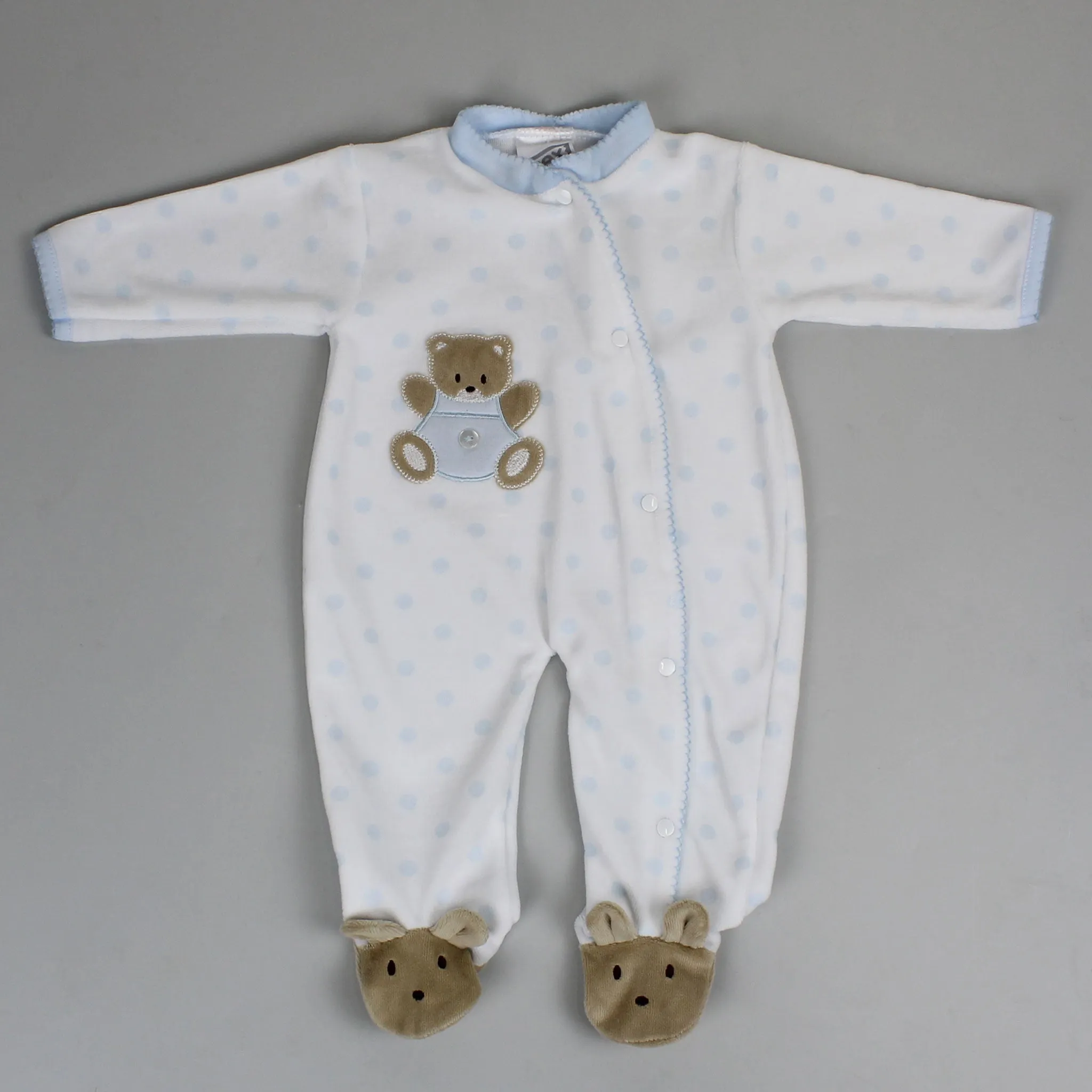 Baby Boys Teddy Polka Dot Velour Snuggle Sleepsuit - Blue and White - Pex