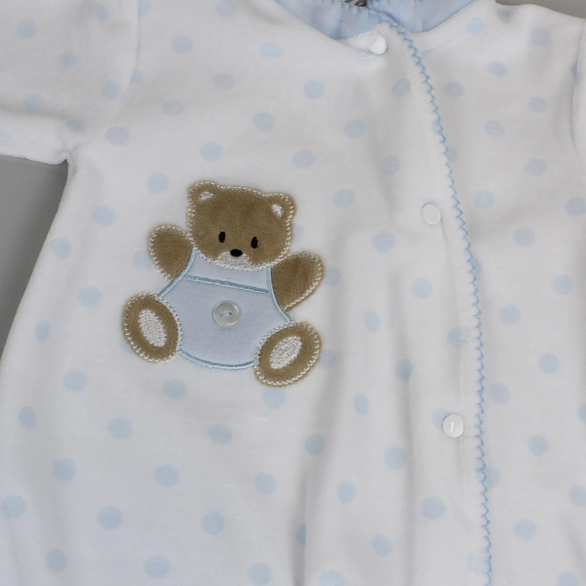 Baby Boys Teddy Polka Dot Velour Snuggle Sleepsuit - Blue and White - Pex