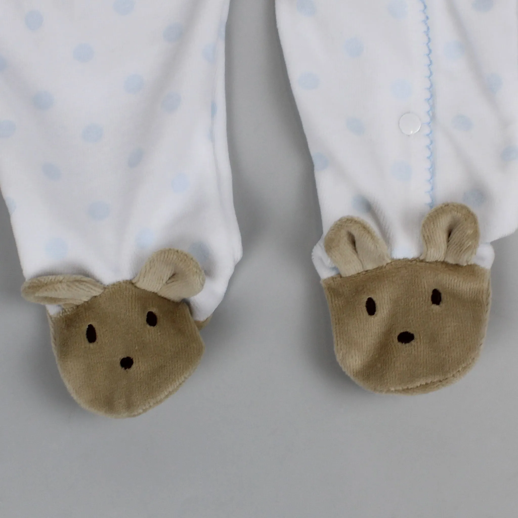 Baby Boys Teddy Polka Dot Velour Snuggle Sleepsuit - Blue and White - Pex