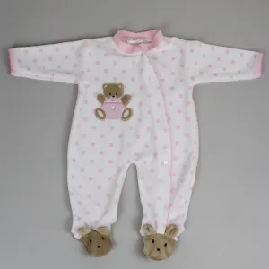 Baby Girls Teddy Polka Dot Velour Snuggle Sleepsuit - Pink and White - Pex