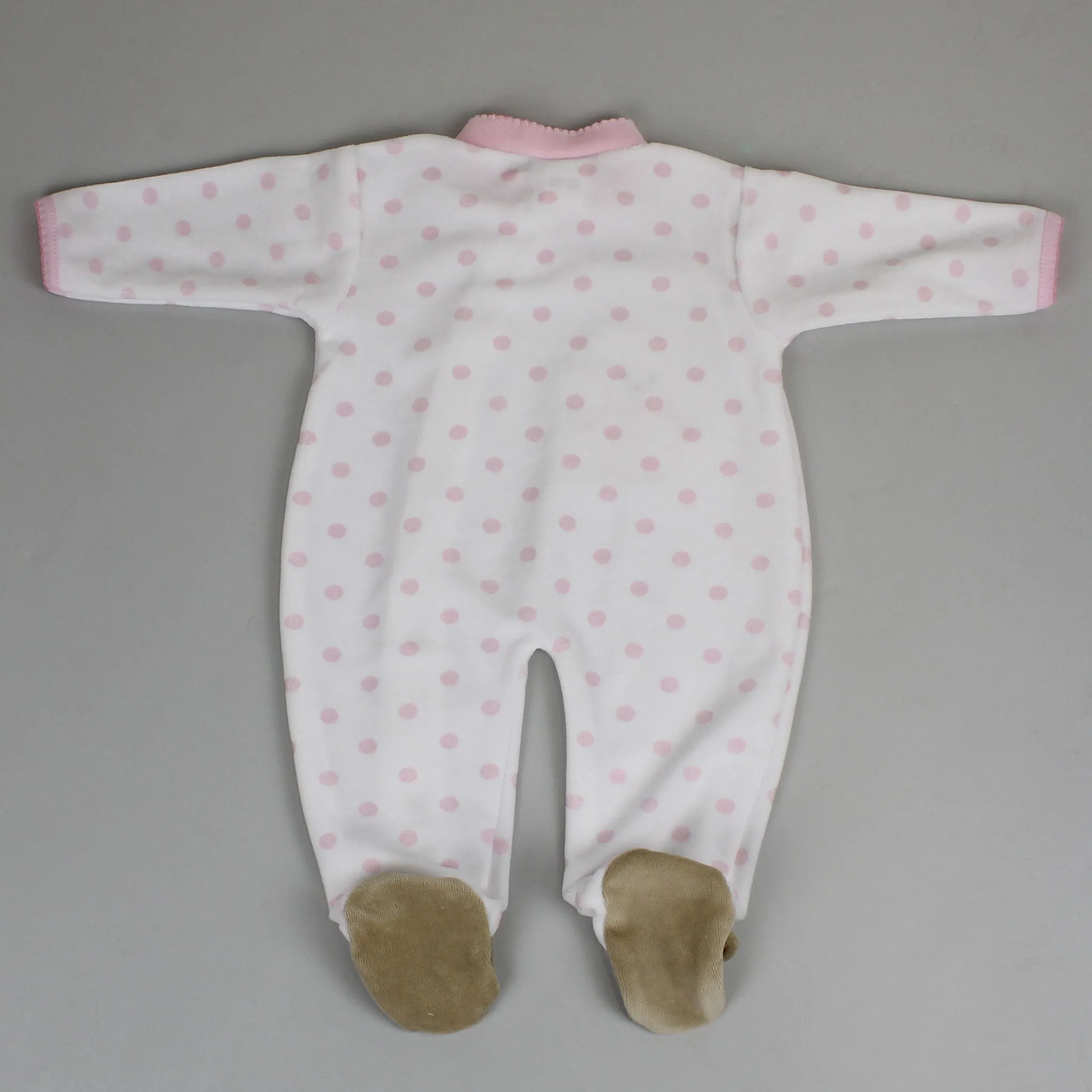 Baby Girls Teddy Polka Dot Velour Snuggle Sleepsuit - Pink and White - Pex