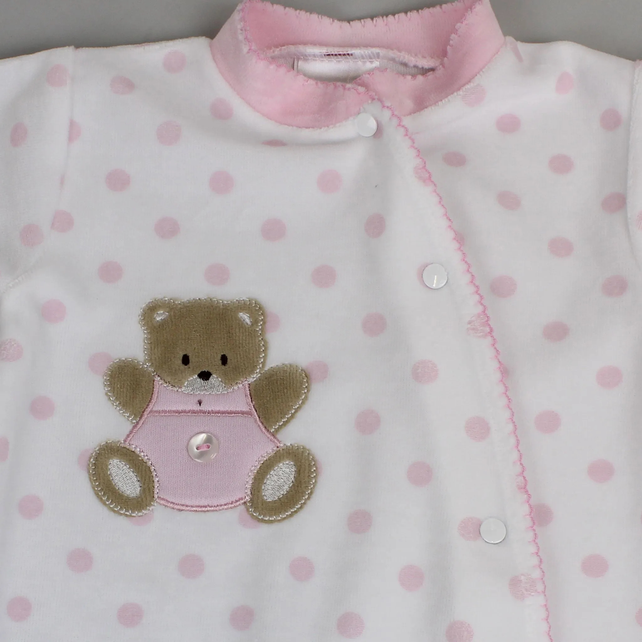 Baby Girls Teddy Polka Dot Velour Snuggle Sleepsuit - Pink and White - Pex