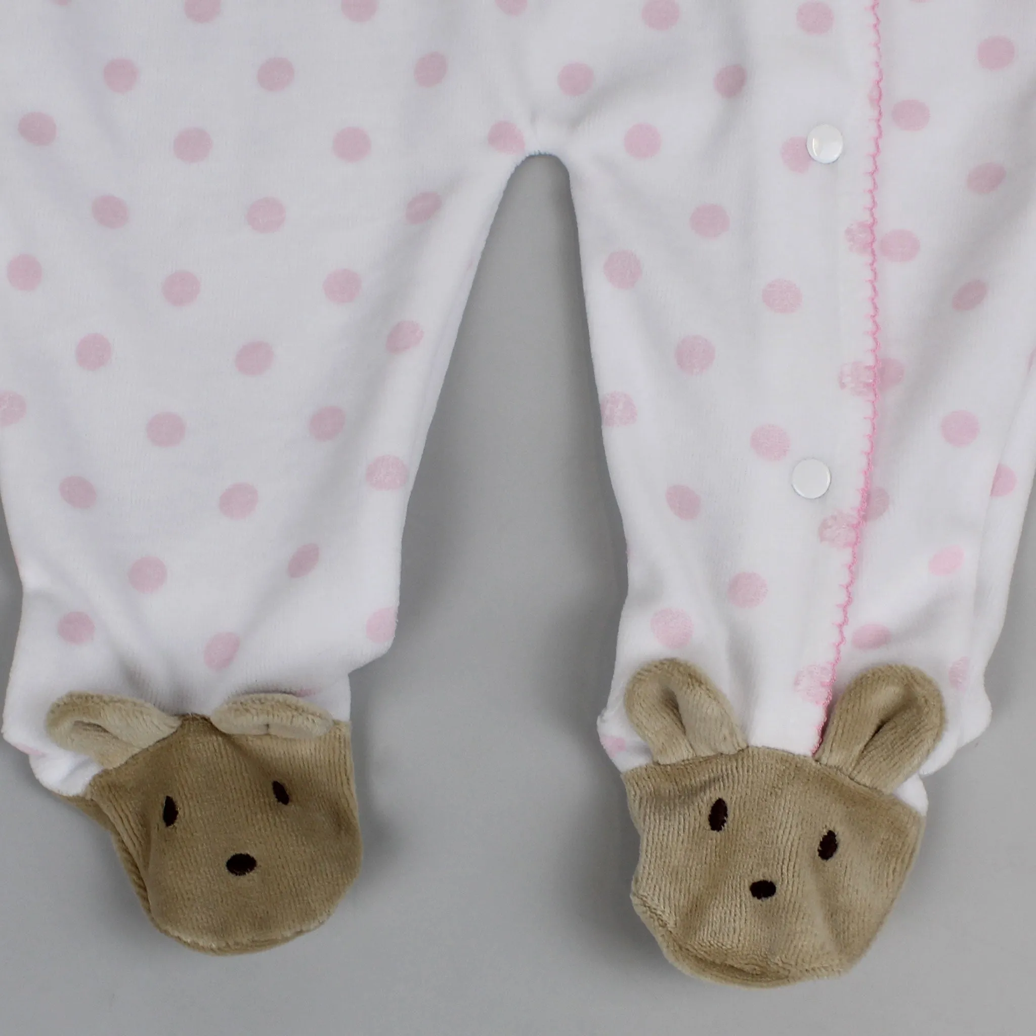 Baby Girls Teddy Polka Dot Velour Snuggle Sleepsuit - Pink and White - Pex
