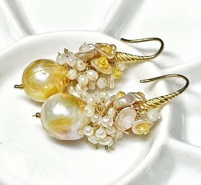 Baroque Pond Slime Pearl Cluster Earring with Yellow Sapphires