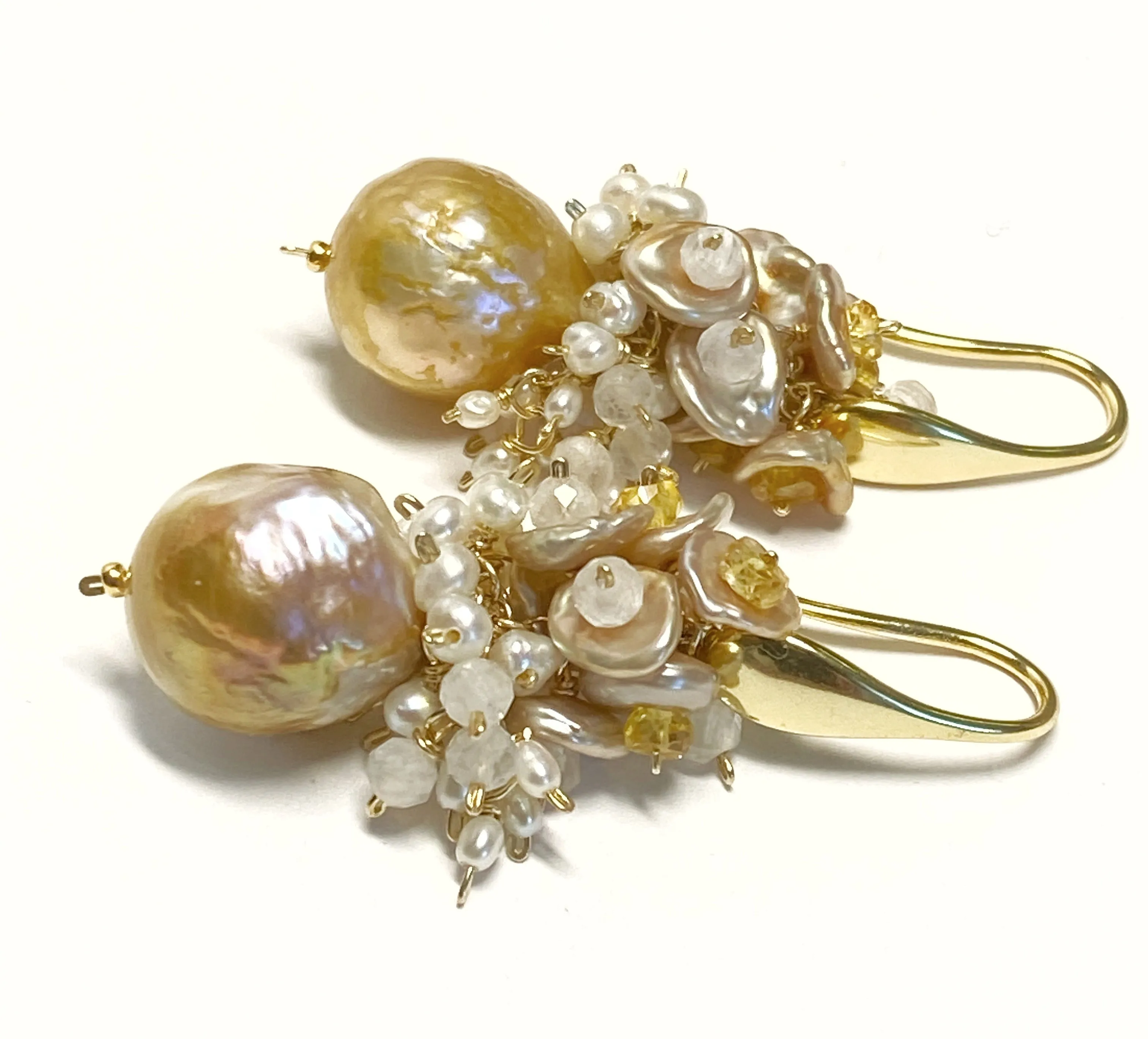 Baroque Pond Slime Pearl Cluster Earring with Yellow Sapphires