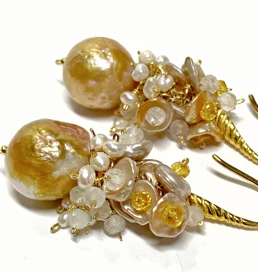 Baroque Pond Slime Pearl Cluster Earring with Yellow Sapphires